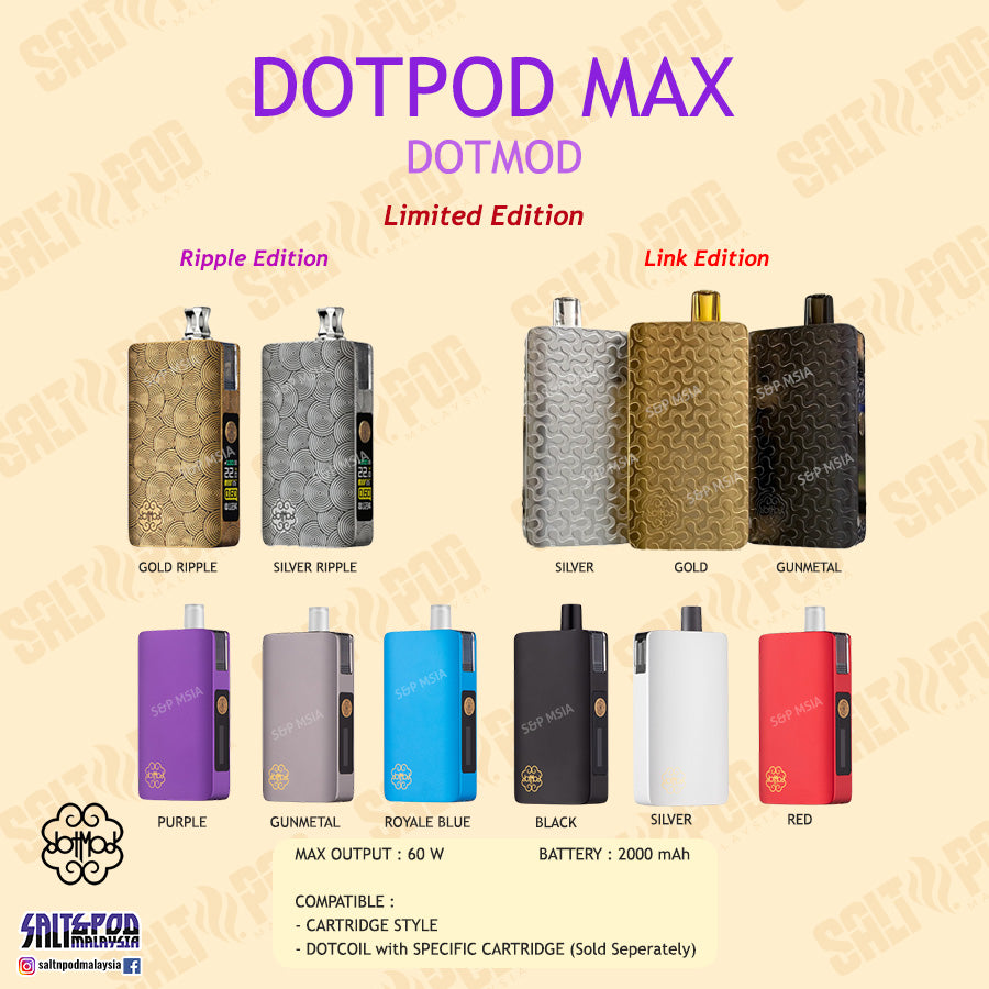 DOTMOD : DOTPOD MAX 60W POD / DOTPOD MAX CARTRIDGE / DOTPOD MAX TANK EMPTY